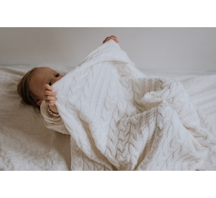 Kocyk warkocz ze 100% wełny merino cream - premium collection