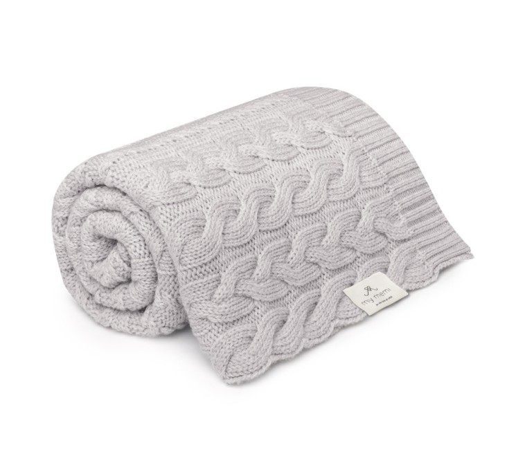 Kocyk warkocz ze 100% wełny merino light grey - premium collection