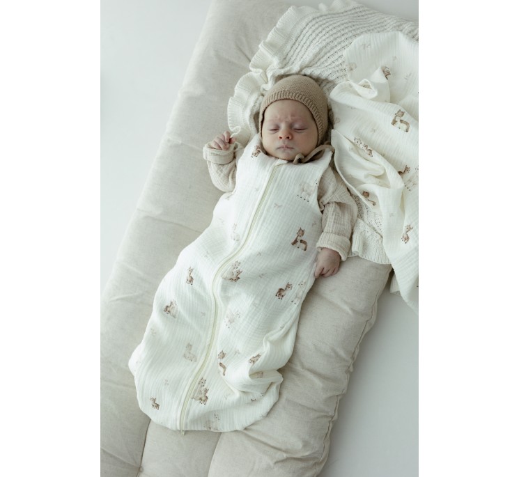 Organic cotton muslin baby sleeping bag 0 - 5 months 1.0 TOG - alpacas - MY MEMI