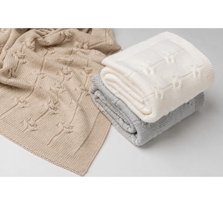 Kocyk ze 100% wełny merino cream Floral - premium collection - MY MEMI