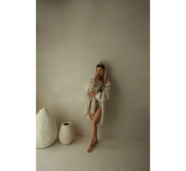 Kocyk ze 100% wełny merino warm beige Floral - premium collection - MY MEMI