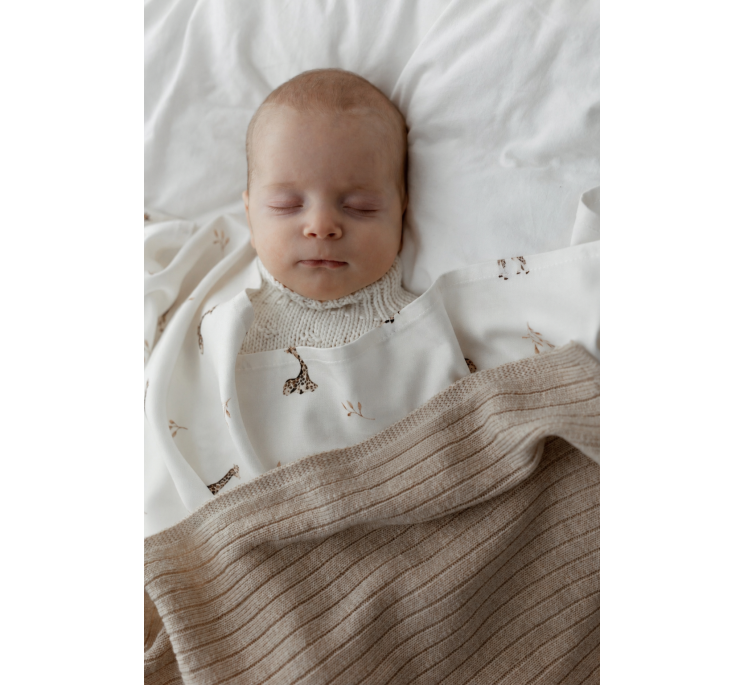 Kocyk ze 100% wełny merino warm beige w prążek - premium collection - MY MEMI