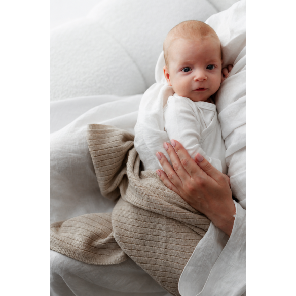 Kocyk ze 100% wełny merino warm beige w prążek - premium collection - MY MEMI
