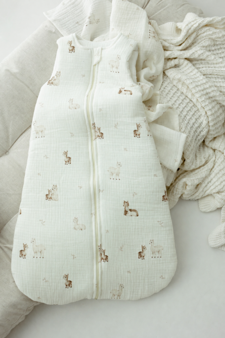 Organic cotton muslin baby sleeping bag 5 - 18 months 2.5 TOG - alpacas - MY MEMI