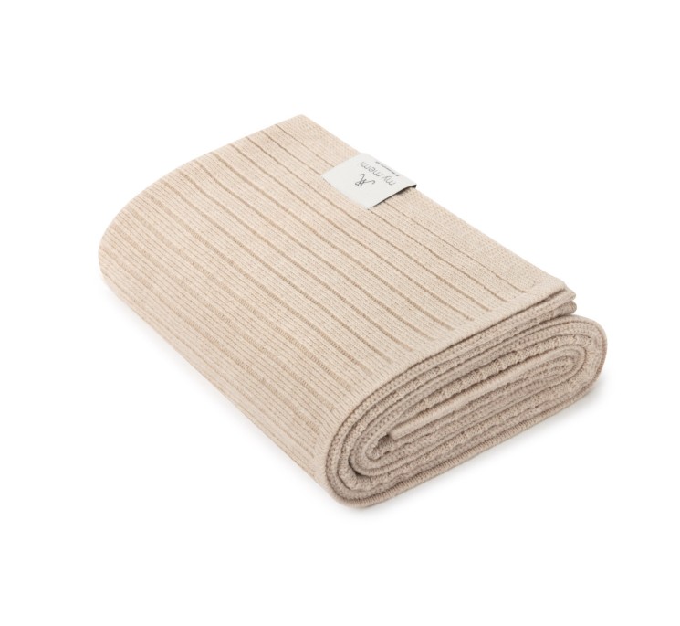 Kocyk ze 100% wełny merino warm beige w prążek - premium collection