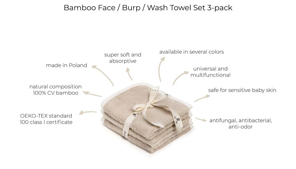 Bamboo Face / Burp / Wash Towel Beige, set 3-pack MY MEMI