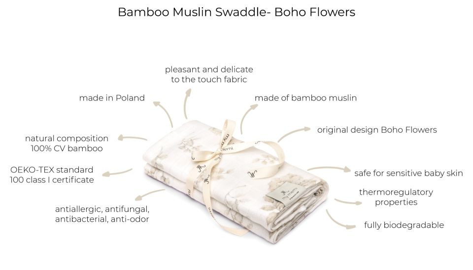 Bamboo muslin swaddle 100x100 - boho flowers MY MEMI