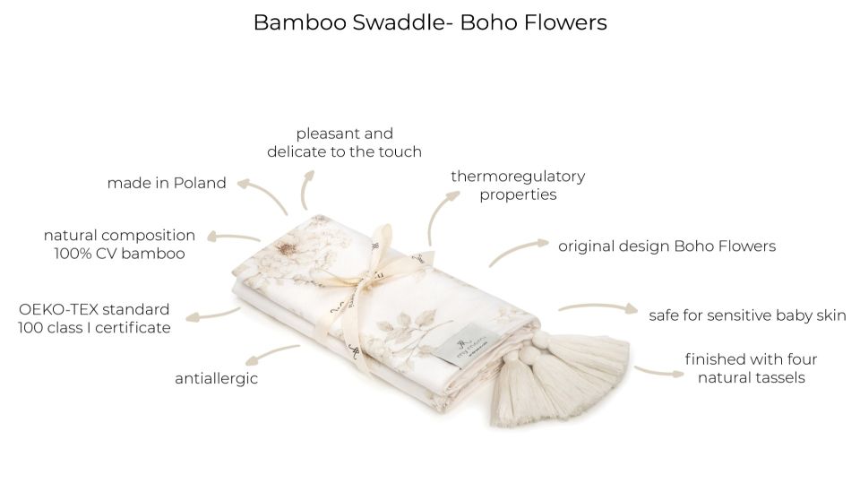 Bamboo swaddle blanket 75x100 - boho flowers MY MEMI