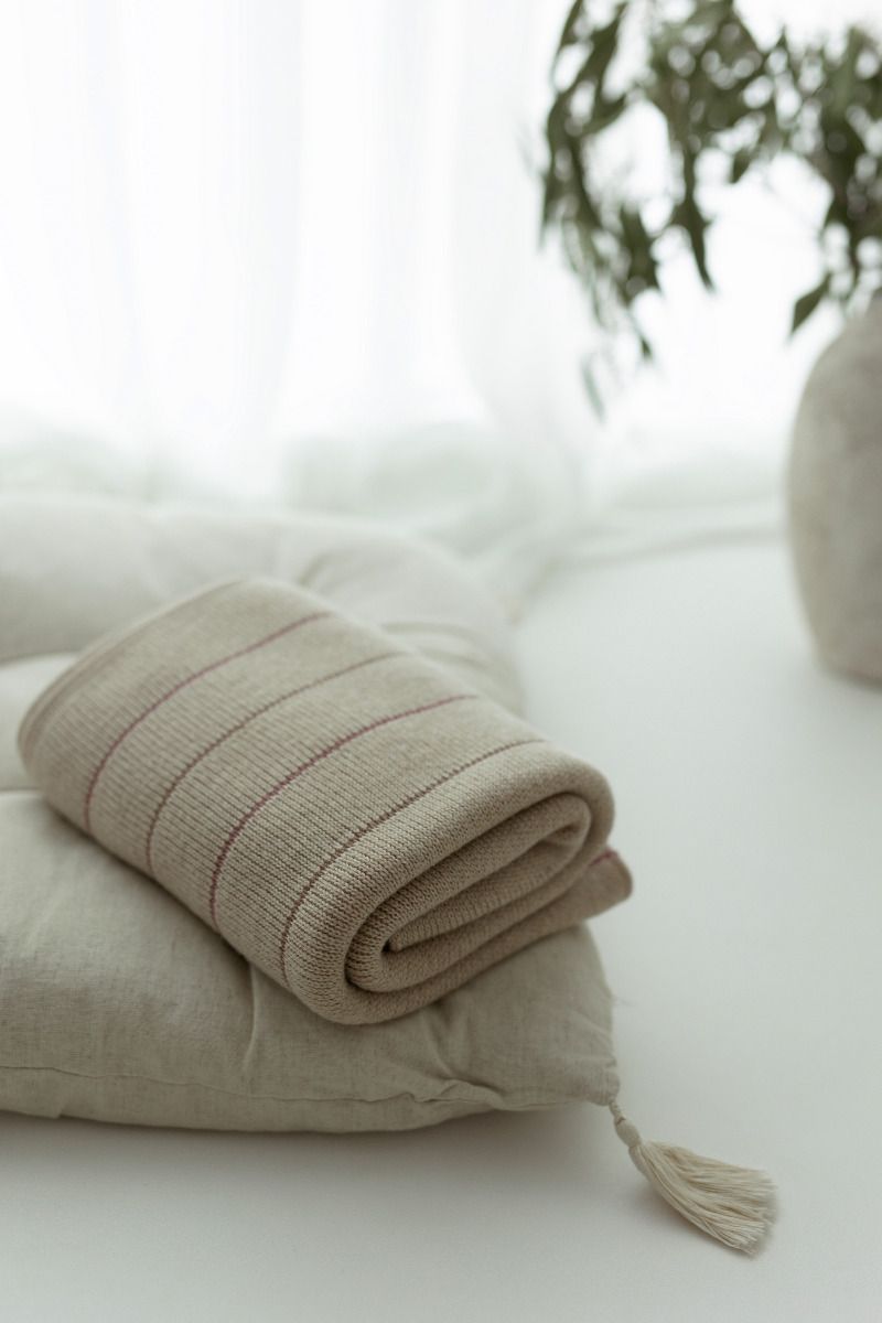 100% Natural Merino Wool Blanket Warm Beige Lines - Premium Collection