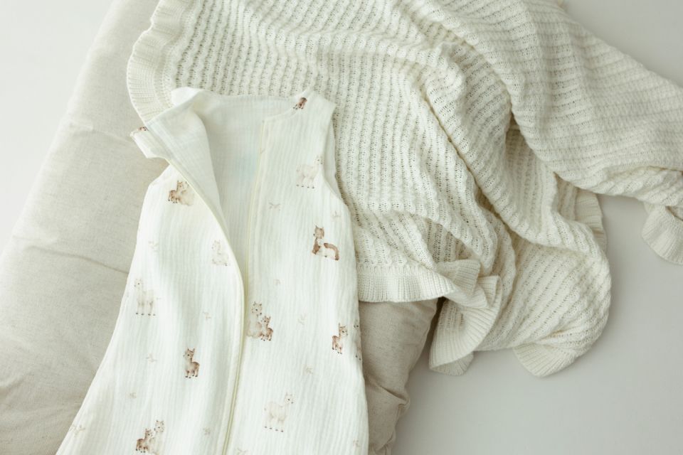 Organic cotton muslin baby sleeping bag 0 - 5 months 1.0 TOG - alpacas