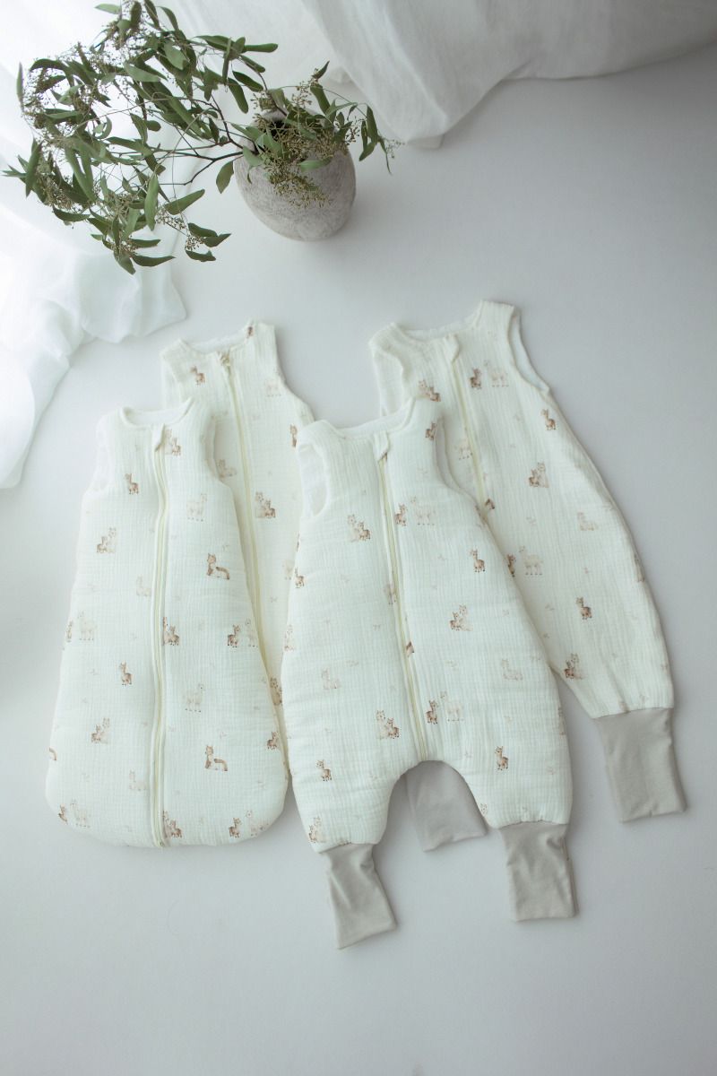 Organic cotton muslin baby sleeping bag 0 - 5 months 1.0 TOG - alpacas