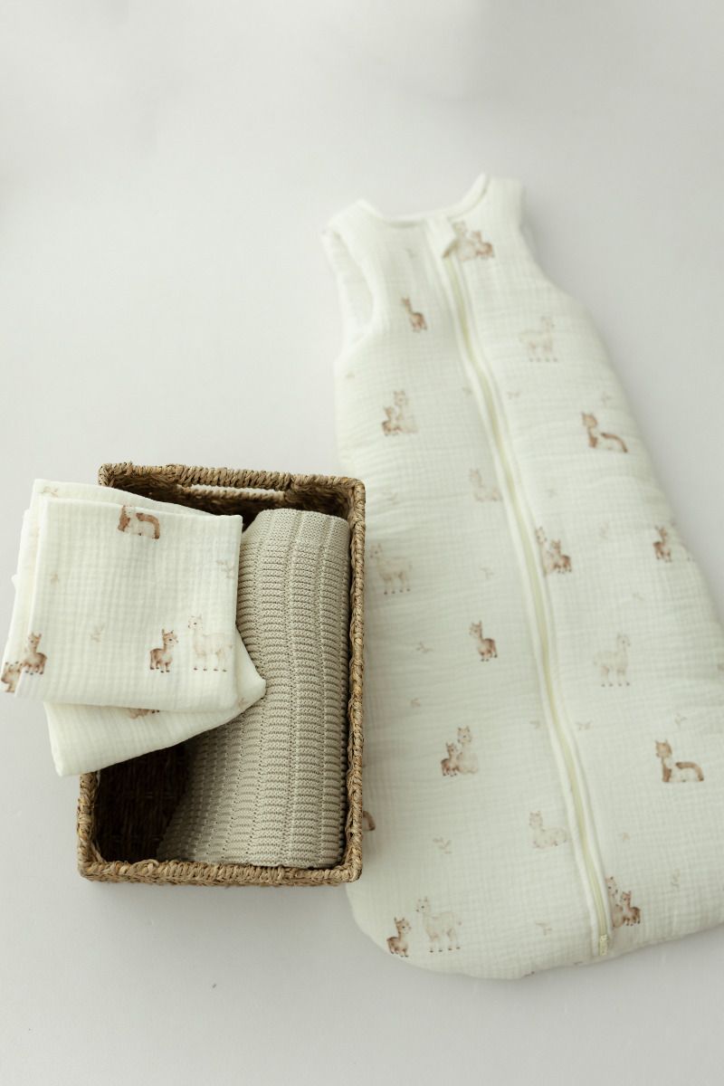 Organic cotton muslin baby sleeping bag 0 - 5 months 1.0 TOG - alpacas