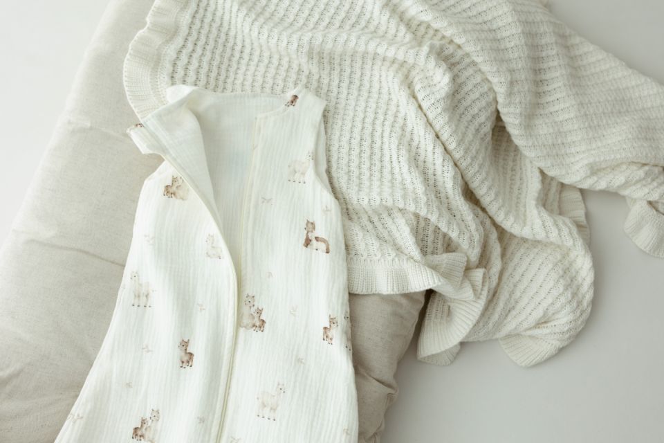 Organic cotton muslin baby sleeping bag with legs 1 - 3 years 2.5 TOG - alpacas