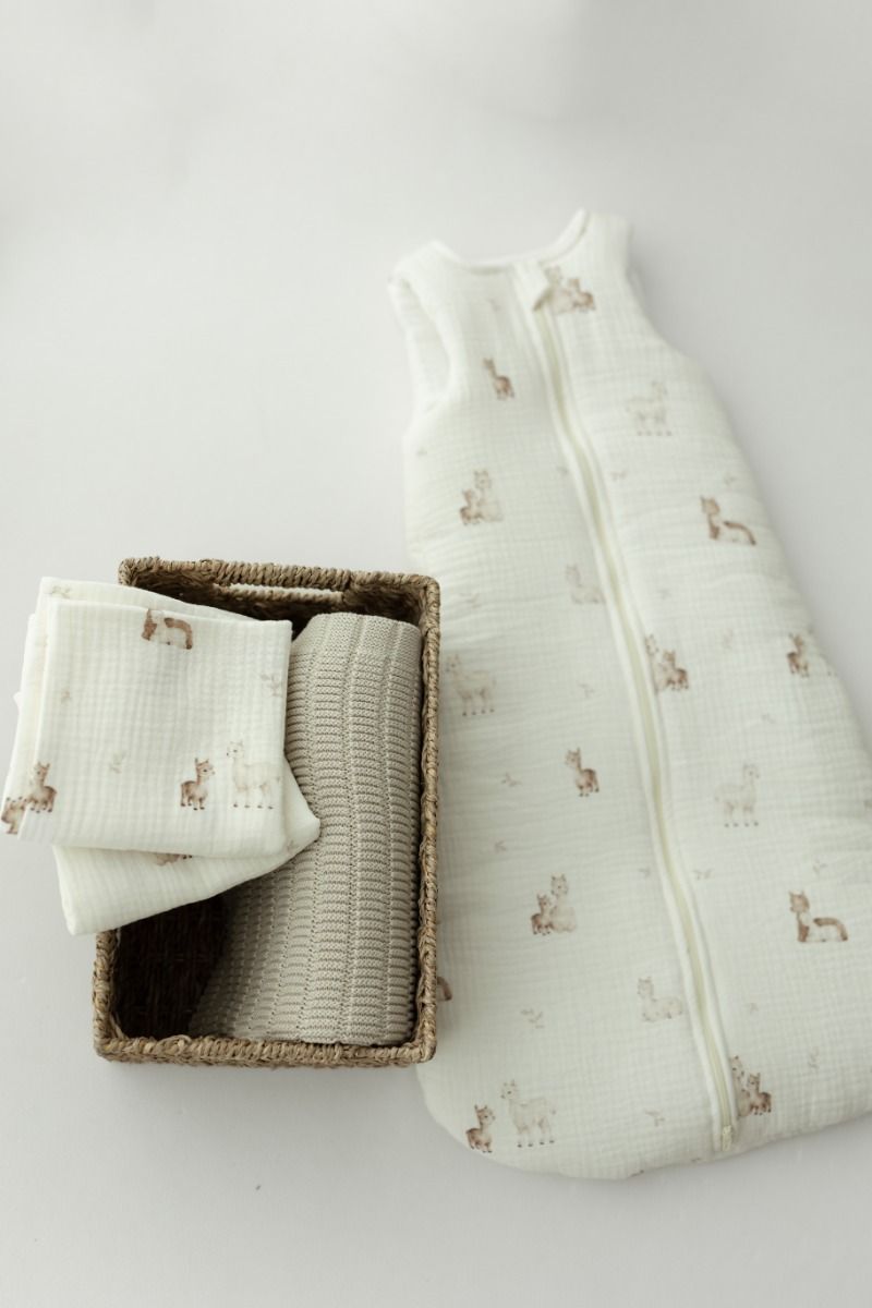 Organic cotton muslin baby sleeping bag with legs 1 - 3 years 2.5 TOG - alpacas