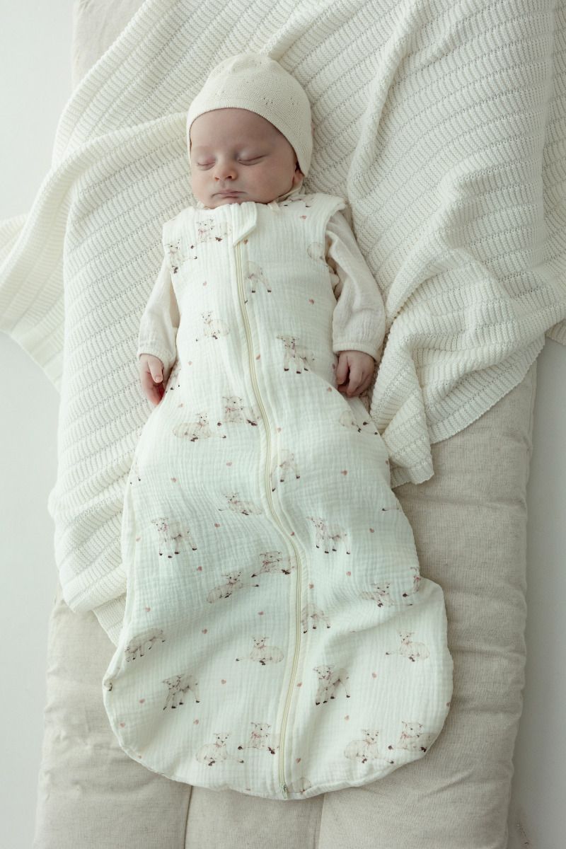 Organic cotton muslin baby sleeping bag 0 - 5 months 1.0 TOG - little sheeps
