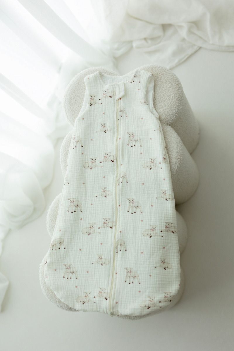 Organic cotton muslin baby sleeping bag 0 - 5 months 1.0 TOG - little sheeps