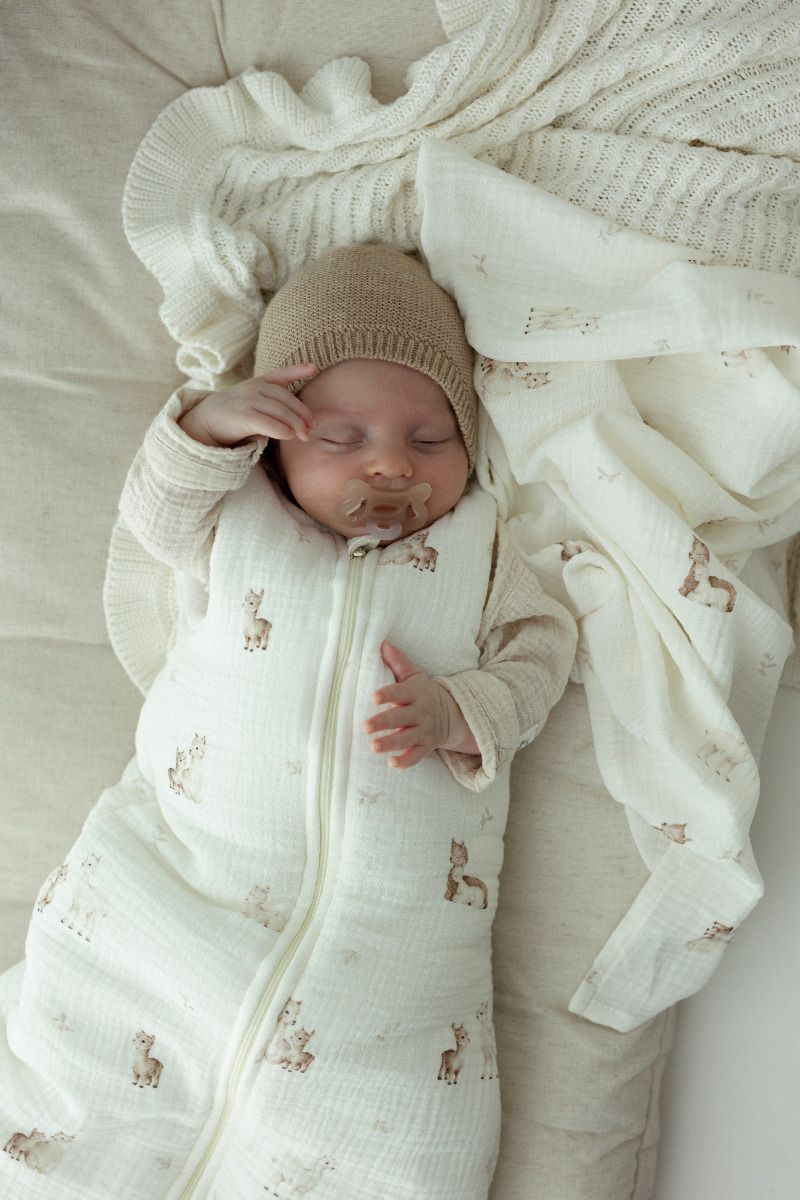 Organic cotton muslin baby sleeping bag 0 - 5 months 2.5 TOG - alpacas