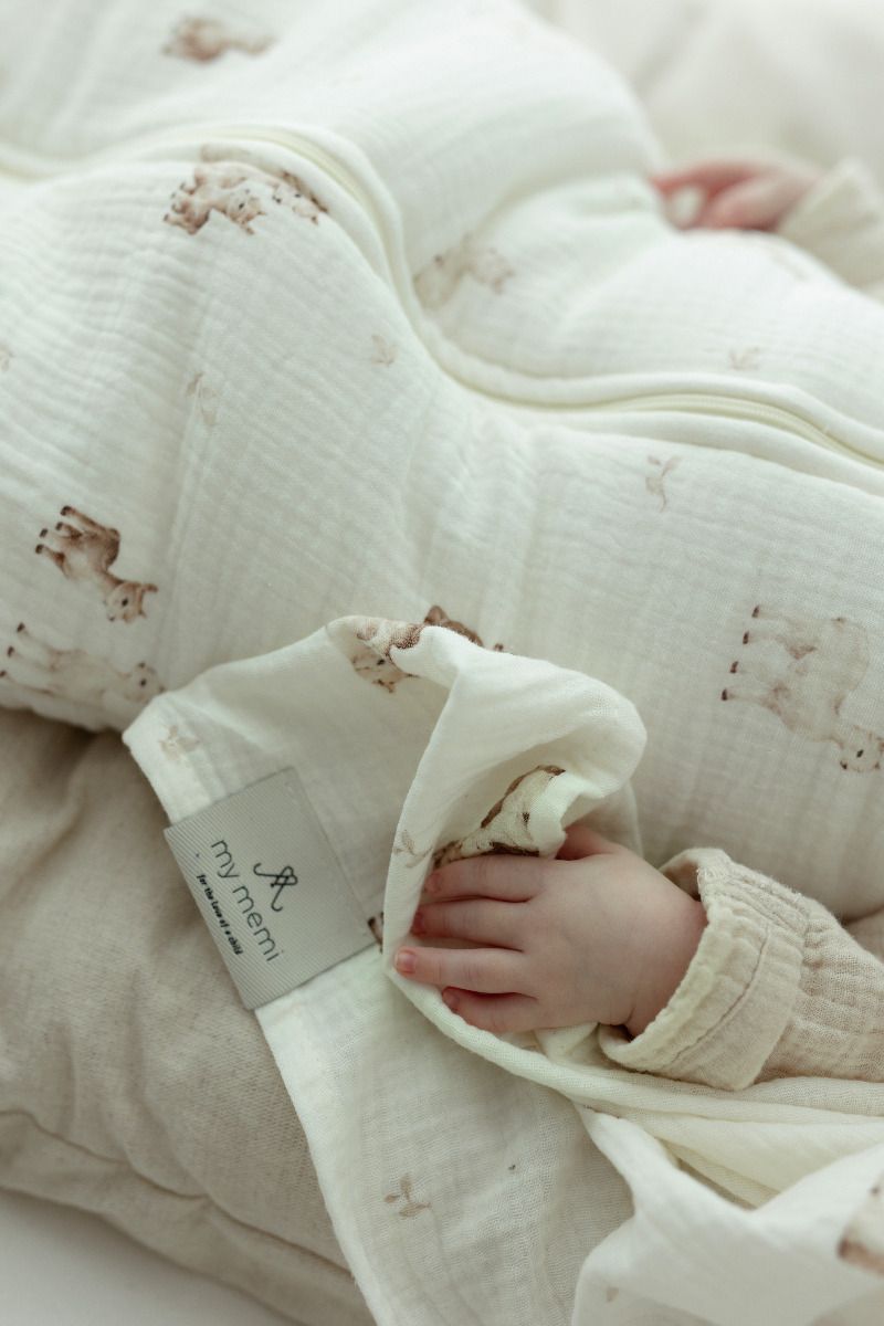 Organic cotton muslin baby sleeping bag 0 - 5 months 2.5 TOG - alpacas