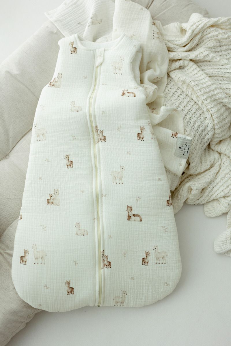 Organic cotton muslin baby sleeping bag 0 - 5 months 2.5 TOG - alpacas