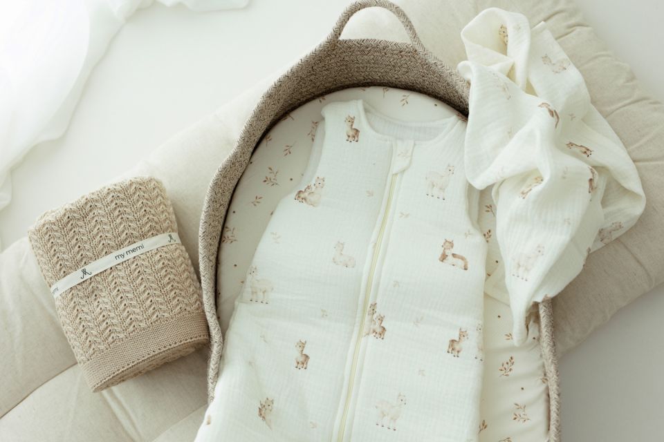 Organic cotton muslin baby sleeping bag 0 - 5 months 2.5 TOG - alpacas
