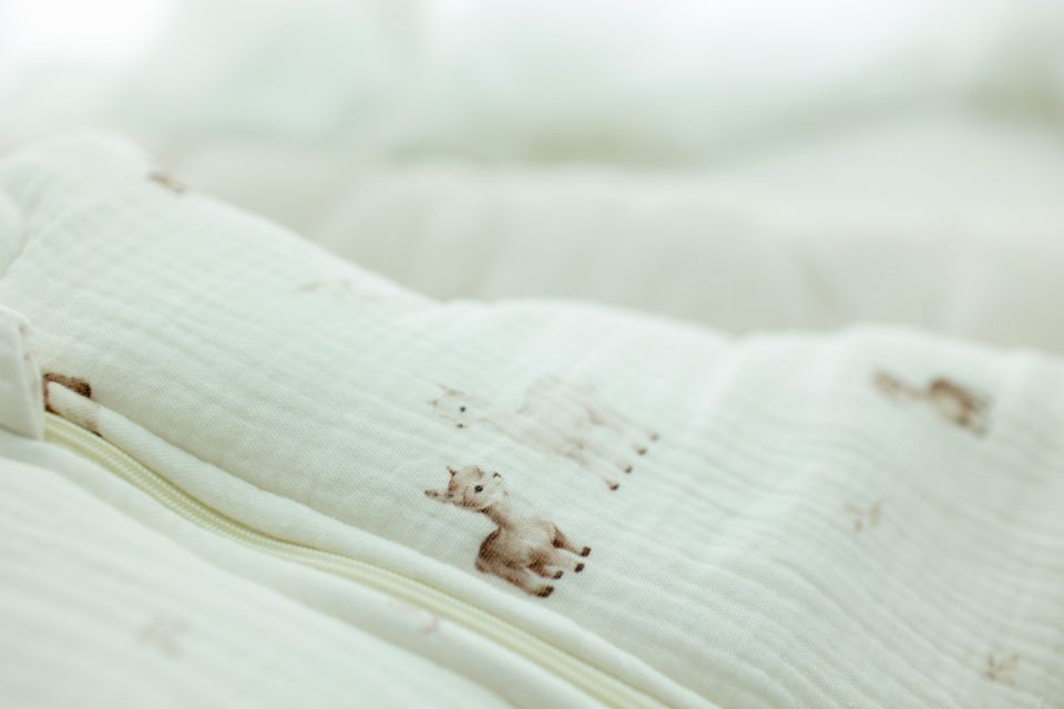 Organic cotton muslin baby sleeping bag 0 - 5 months 2.5 TOG - alpacas