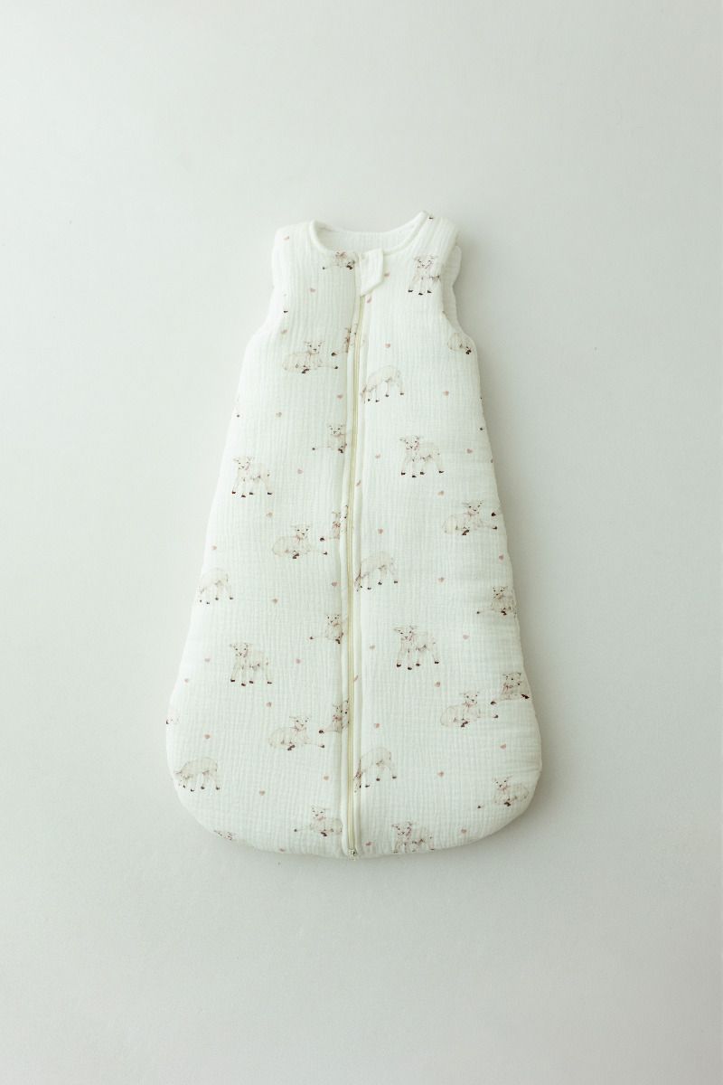 Organic cotton muslin baby sleeping bag 0 - 5 months 2.5 TOG - little sheeps