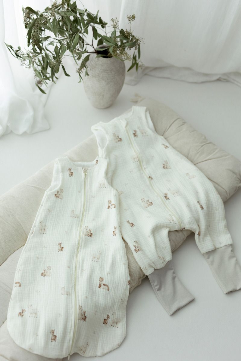 Organic cotton muslin baby sleeping bag with legs 1 - 3 years 1.0 TOG - alpacas