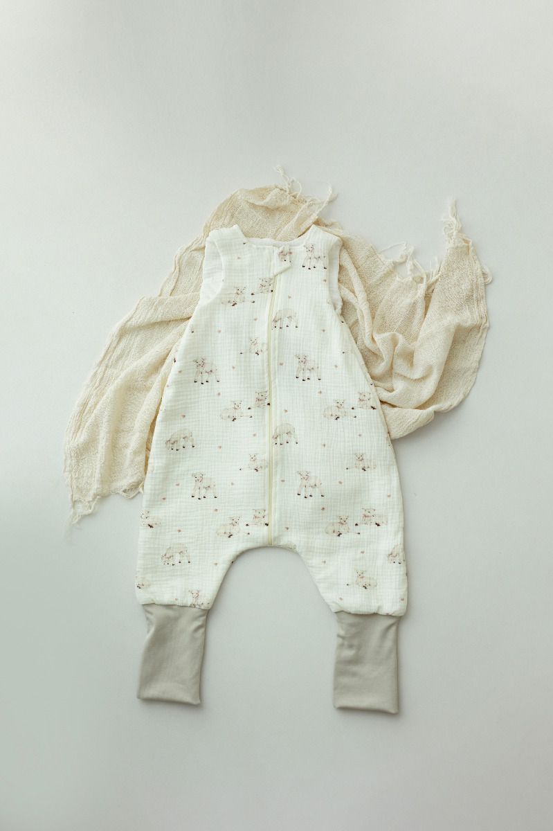 Organic cotton muslin baby sleeping bag with legs 1 - 3 years 1.0 TOG - little sheeps