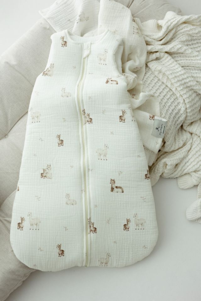 Organic cotton muslin baby sleeping bag 5 - 18 months 2.5 TOG - alpacas