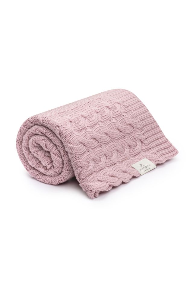 Braided 100% natural Merino wool blanket powder pink - premium collection