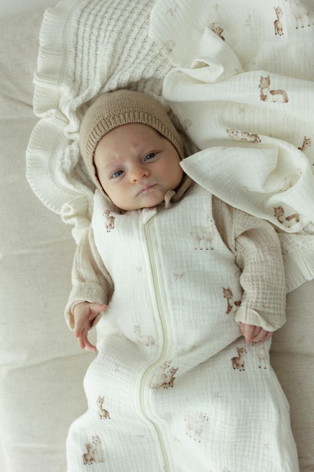 Organic cotton muslin baby sleeping bag 5 - 18 months 1.0 TOG - alpacas