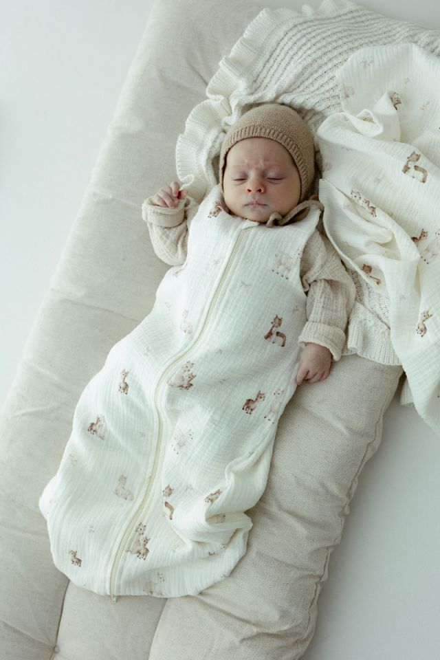 Organic cotton muslin baby sleeping bag 0 - 5 months 1.0 TOG - alpacas
