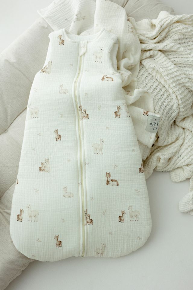 Organic cotton muslin baby sleeping bag 5 - 18 months 2.5 TOG - alpacas