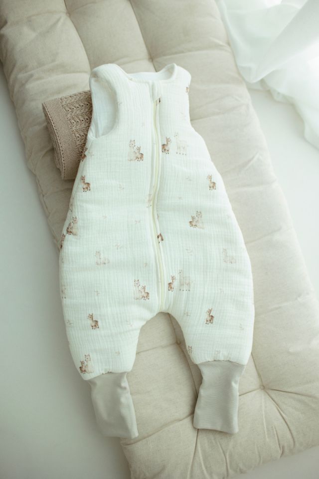 Organic cotton muslin baby sleeping bag with legs 1 - 3 years 2.5 TOG - alpacas