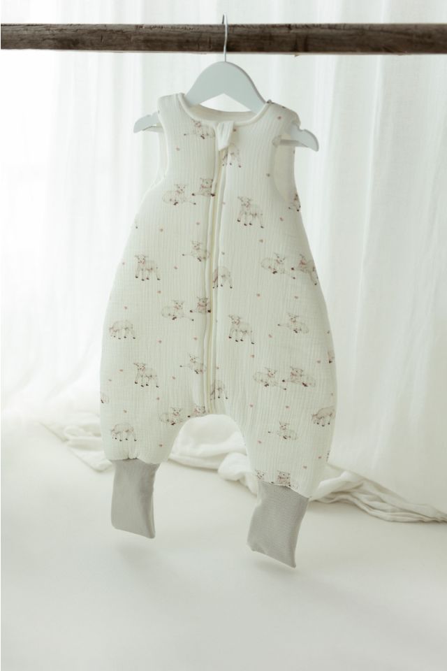 Organic cotton muslin baby sleeping bag with legs 1 - 3 years 2.5 TOG - little sheeps
